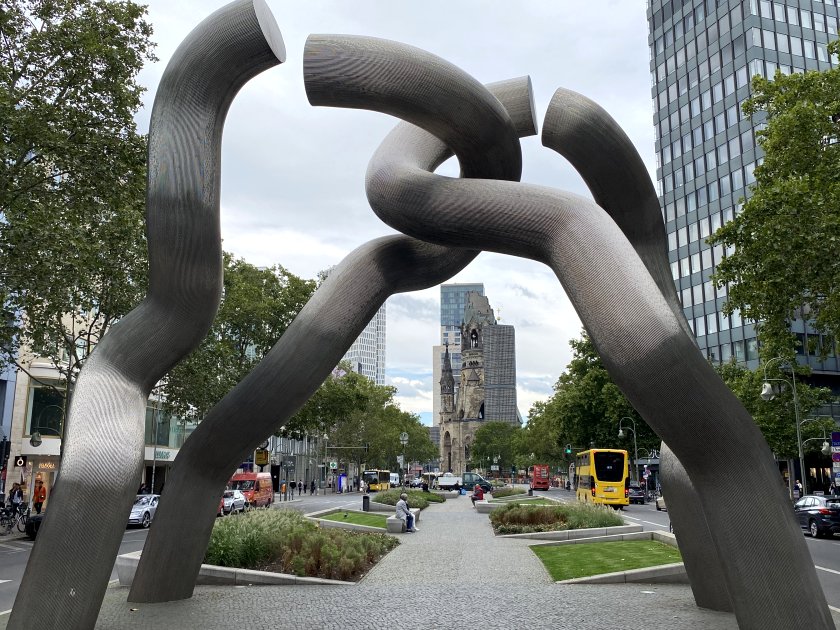 The Memorial Church is framed by a sculpture recalling the 4-sector structure of post-war Berlin