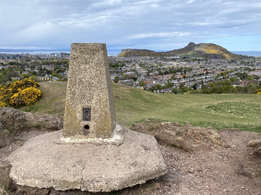 Summit marker and view towards Arthur's Seat