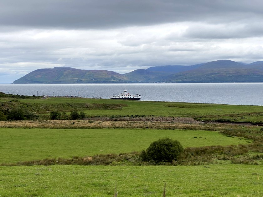 On Kintyre, looking back at the ferry and the hills of north Arran