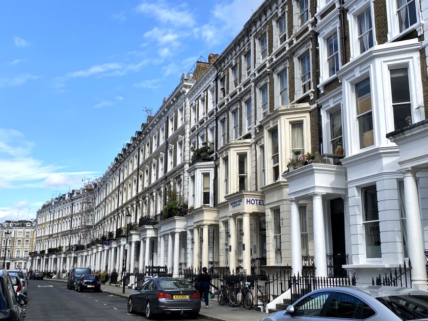 Grand, solid, densely packed buildings in Hogarth Road, Earls Court