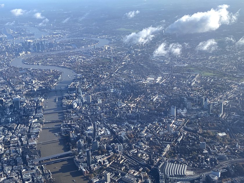 View along the Thames to Tower Bridge, the Isle of Dogs and the O2