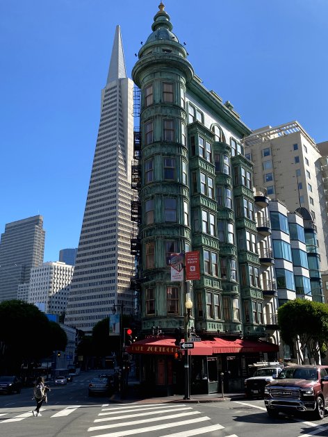 Two SF icons: the Transamerica Pyramid and Columbus Tower (aka the Sentinel Building)