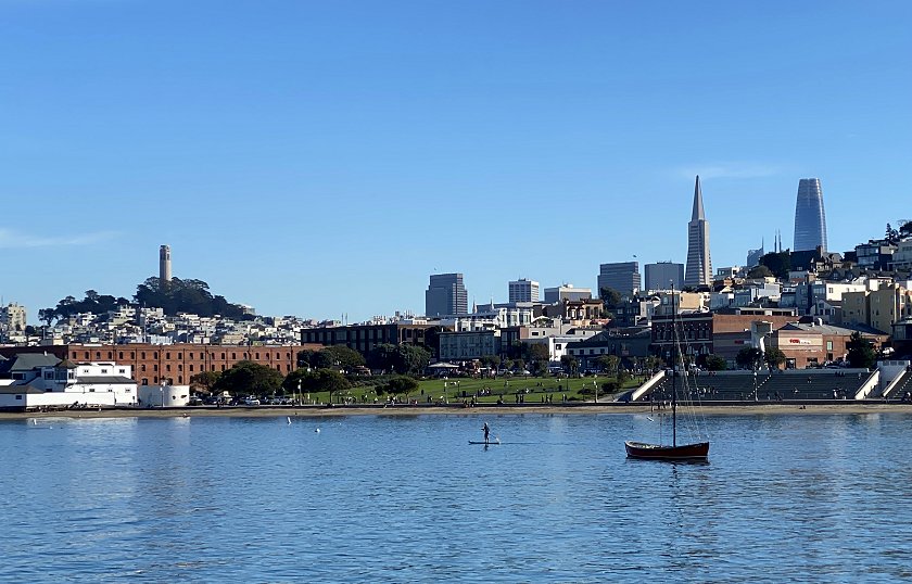 View from Aquatic Park Pier showing the Coit Tower and the Transamerica Pyramid