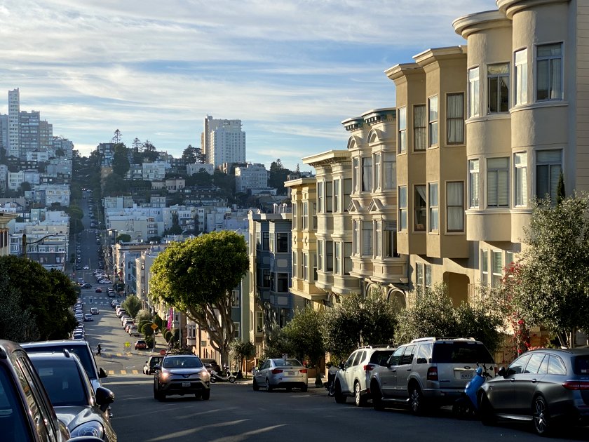 Looking along Lombard Street - the 'Crookedest Street' section is visible on Russian Hill
