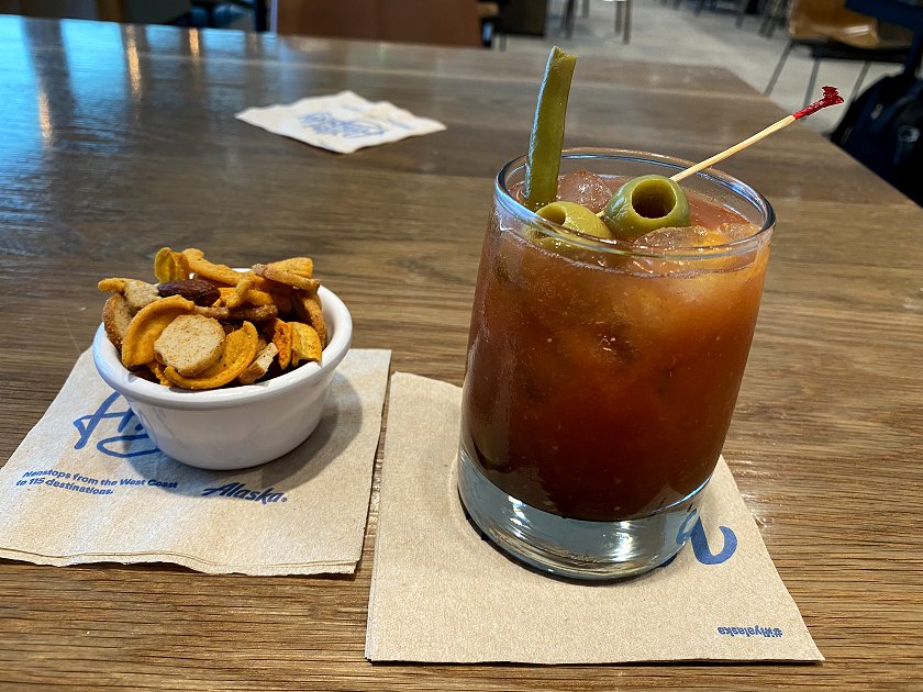 In the Alaska Airlines lounge at LAX, and this one's a Bloody Caesar (with added clam broth)