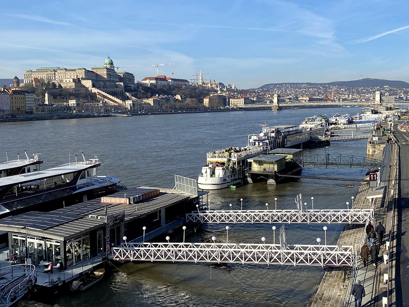 Looking across to Buda, with Pest-side river cruiser berths