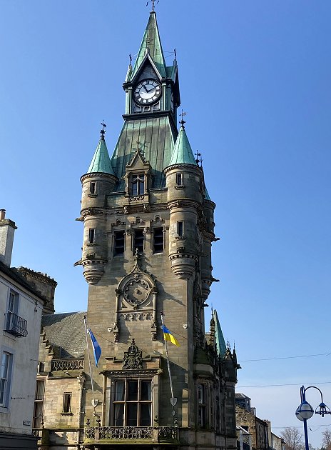 The Dunfermline City Chambers building (1879) is in French Gothic style. This is the striking tower.